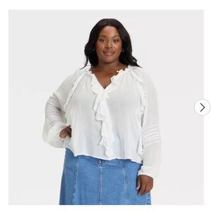 Women's Romantic, Balloon Sleeve, Lacey, Pin tuck, White Ruffle Blouse, Size 1X